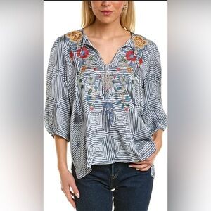 Johnny Was Striped Blue and Multicolor Embroidered Blouse